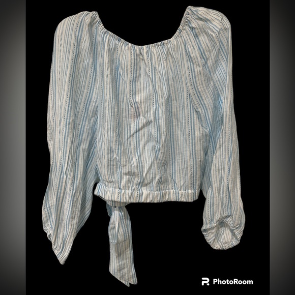 BCBGENERATION Blue and White Striped Tie Side Faux Wrap Crop Top Size M - Picture 3 of 5
